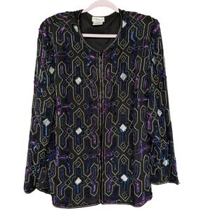 Stenay Jacket Womens 2X Black Beaded Sequin Silk Zip Retro Party Evening